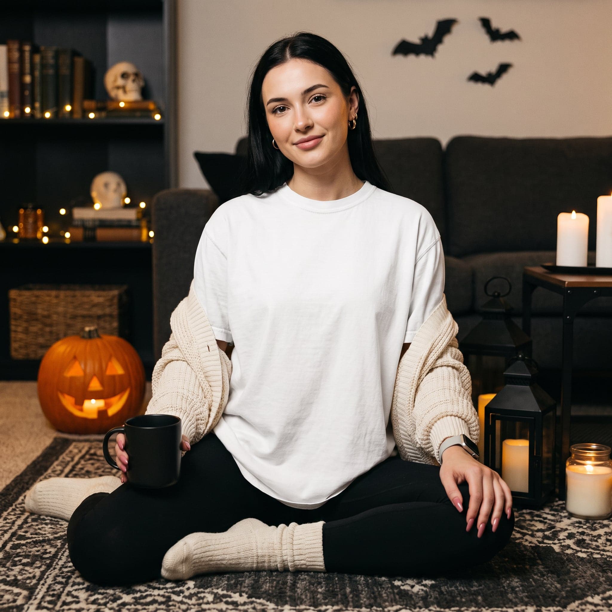 Comfort Colors 1717 t-shirt mockup in White — Halloween-themed shot, chest panel left clean
